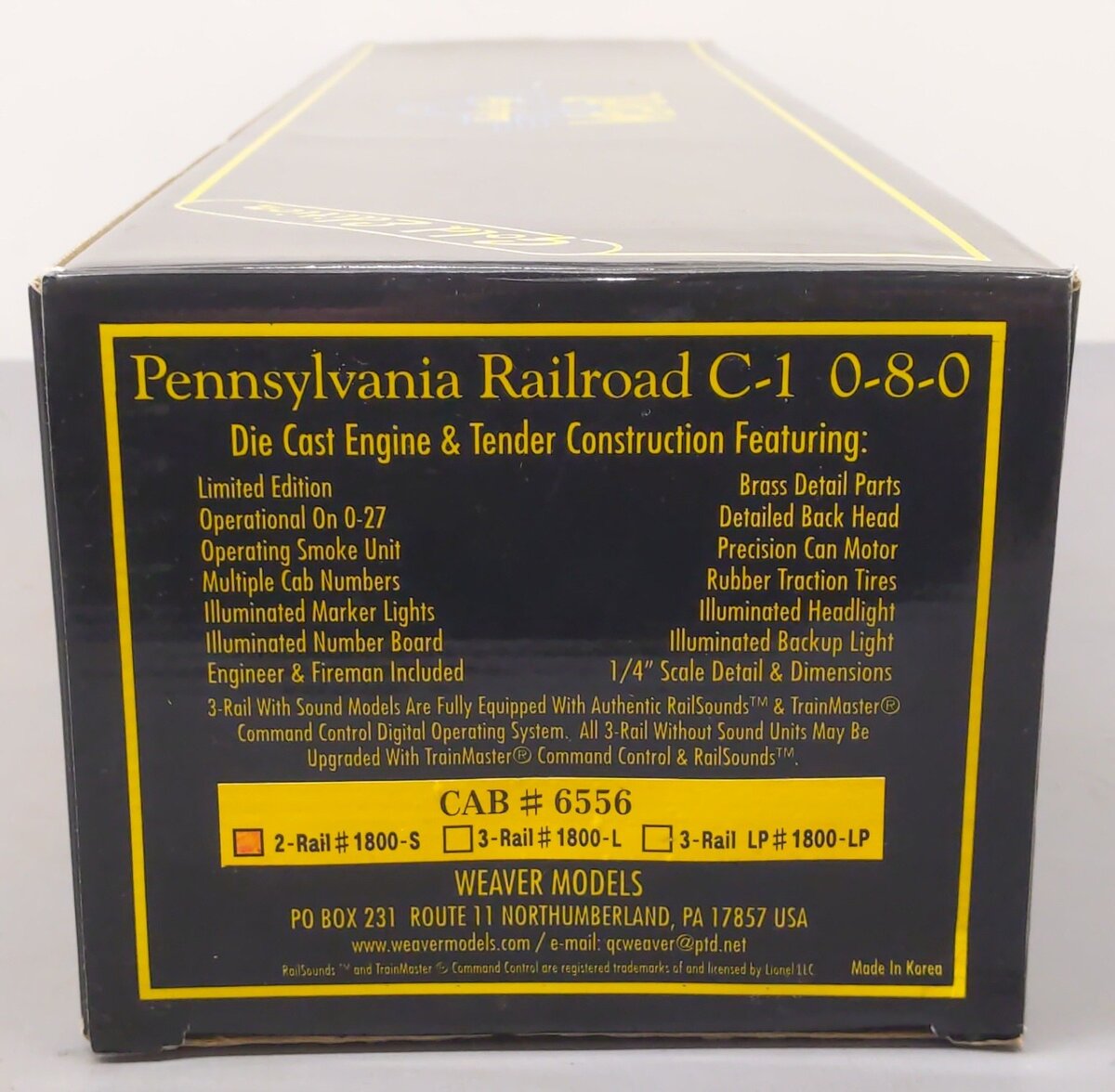 Weaver 1800-S O Pennsylvania 0-8-0 Steam Locomotive and Tender #6556 (2-Rail) EX/Box