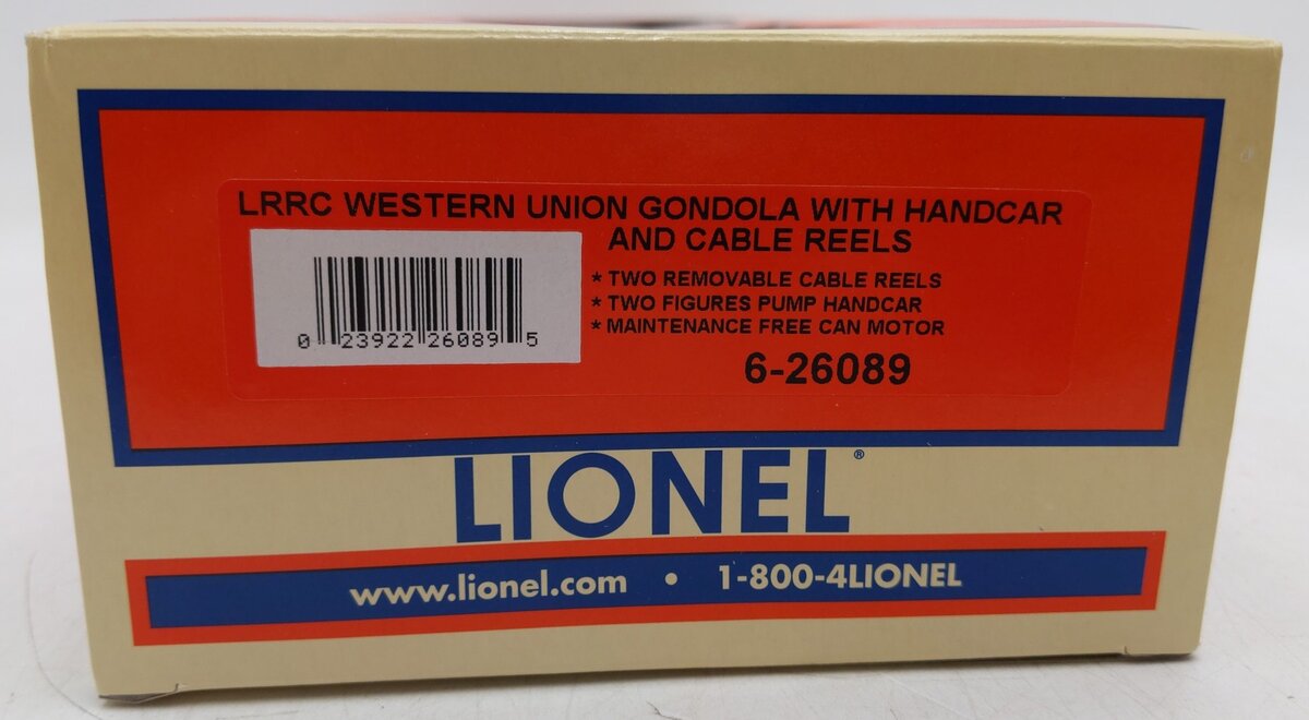 Lionel 6-26089 O Gauge LRRC Western Union Gondola w/Handcar & Cable Wheels LN/Box