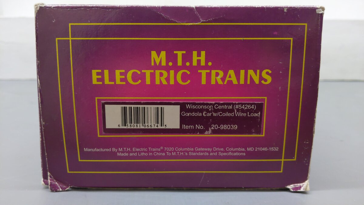 MTH 20-98039 O Gauge Wisconsin Central Gondola w/ Coiled Wire Load #54264 EX/Box