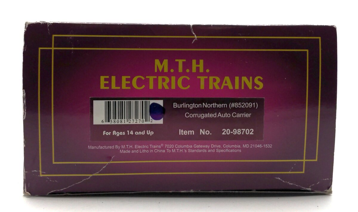 MTH 20-98702 O Gauge Burlington Northern Corrugated Auto Carrier #852091