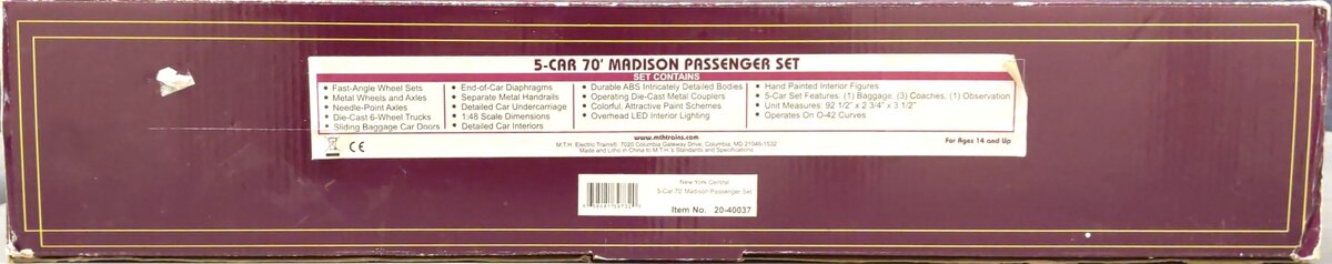 MTH 20-40037 New York Central 5-Car 70' Madison Passenger Set LN/Box