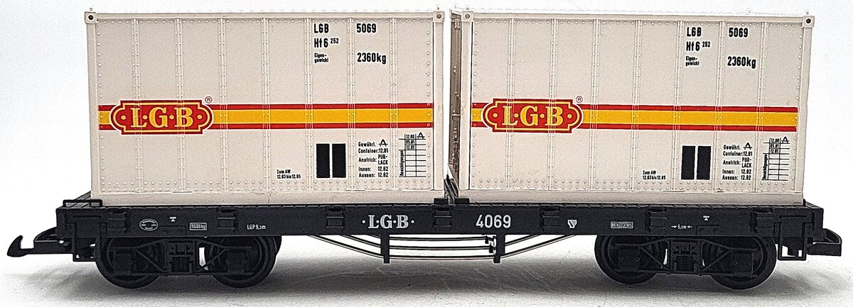 LGB 4069 G Scale Flatcar with 2 White LGB Containers LN/Box