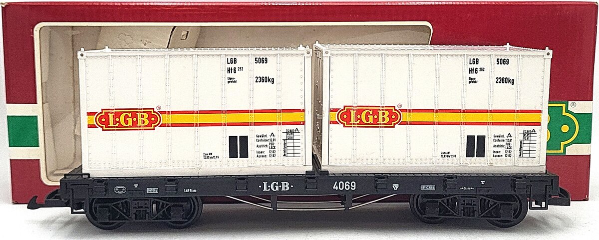 LGB 4069 G Scale Flatcar with 2 White LGB Containers LN/Box