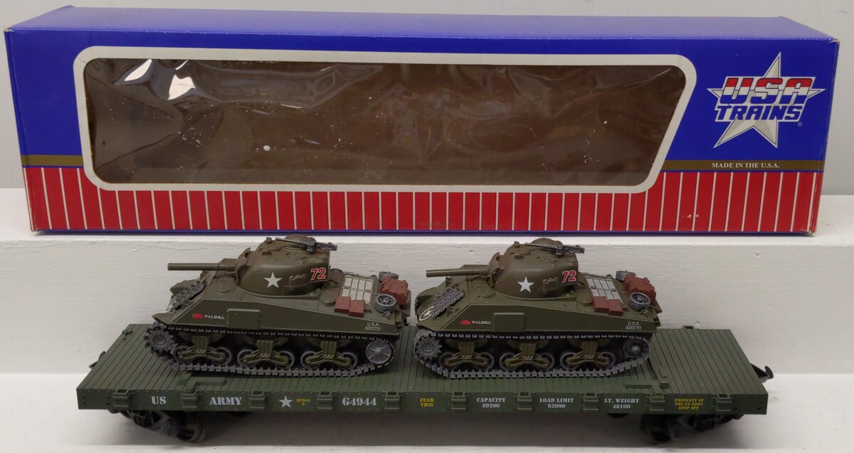 USA Trains R1743 G U.S. Army Flat Car with Tanks #G4944 EX/Box
