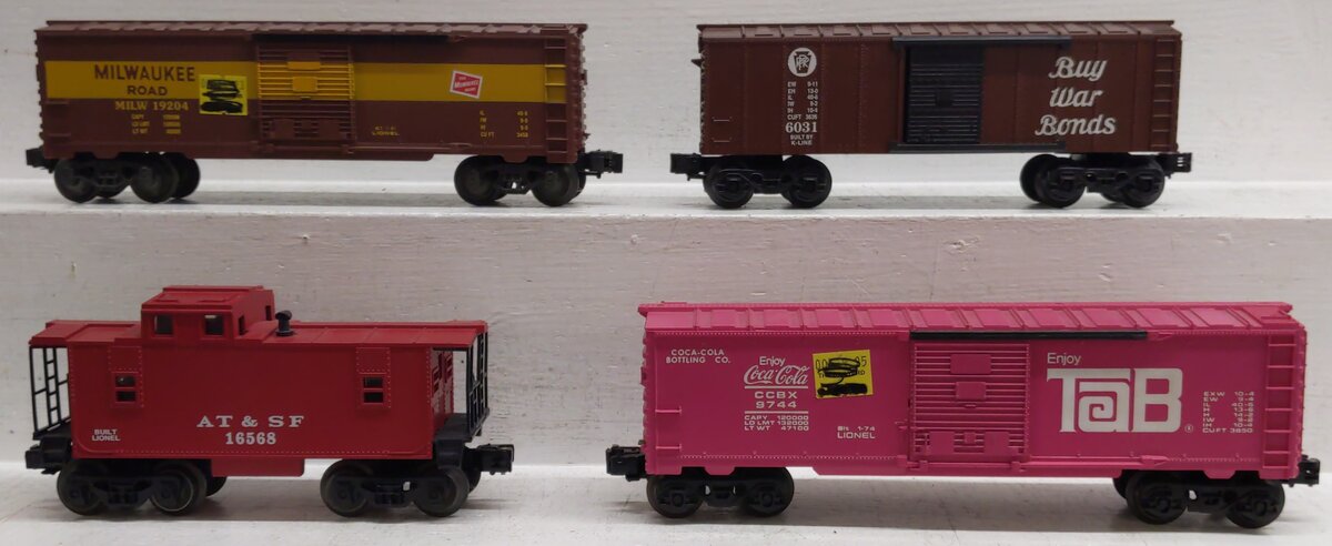 Lionel and Other O Gauge Assorted Freight Cars: 6031, 19204, 9744, 16568 [4] VG