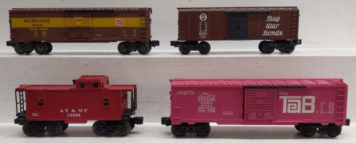 Lionel and Other O Gauge Assorted Freight Cars: 6031, 19204, 9744, 16568 [4] VG