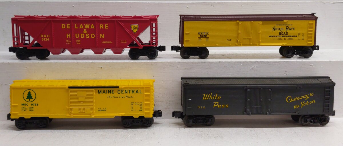 Lionel O Gauge Assorted Freight Cars: 6-6124, 6-5708, 6-5722, 6-9753 [4] VG/Box