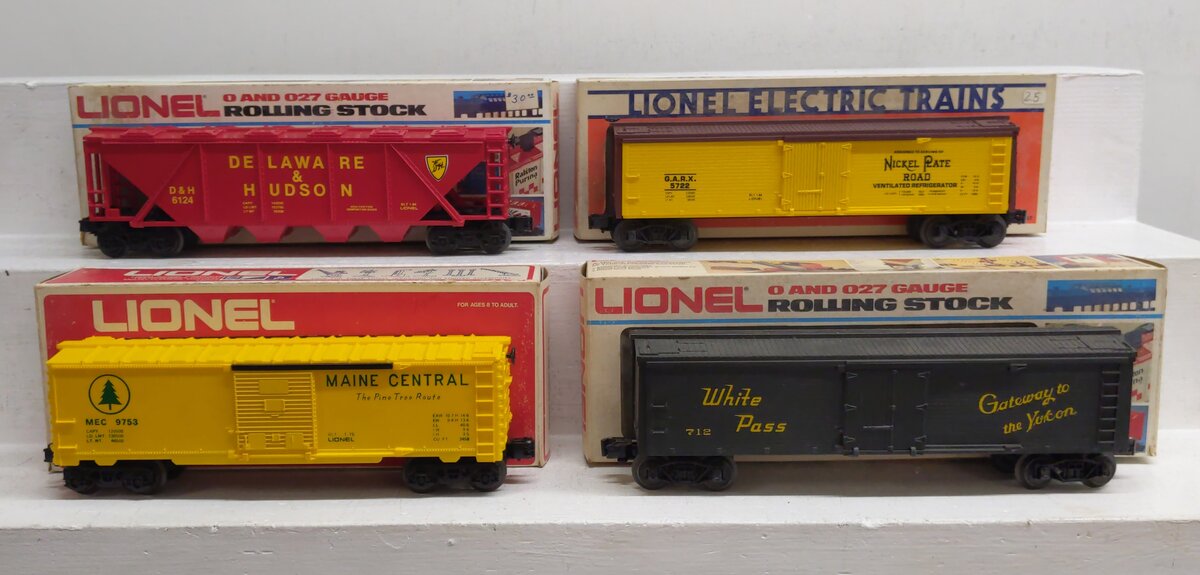 Lionel O Gauge Assorted Freight Cars: 6-6124, 6-5708, 6-5722, 6-9753 [4] VG/Box
