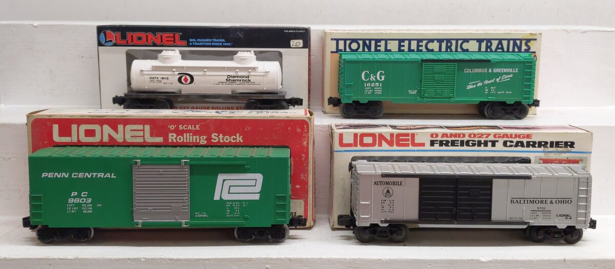 Lionel O Gauge Assorted Freight Cars: 6-9701, 6-16251, 6-16113, 6-9603 [4] VG/Box