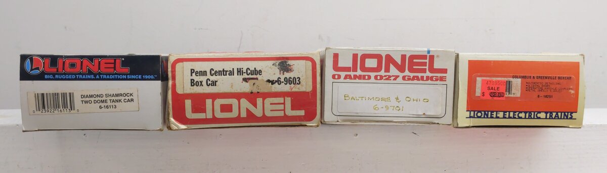 Lionel O Gauge Assorted Freight Cars: 6-9701, 6-16251, 6-16113, 6-9603 [4] VG/Box