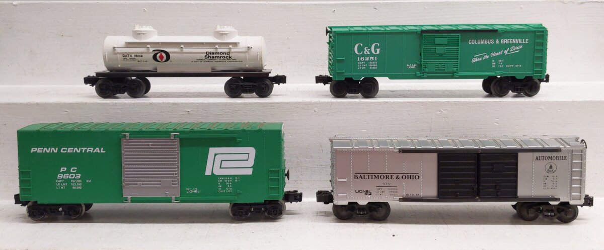 Lionel O Gauge Assorted Freight Cars: 6-9701, 6-16251, 6-16113, 6-9603 [4] VG/Box