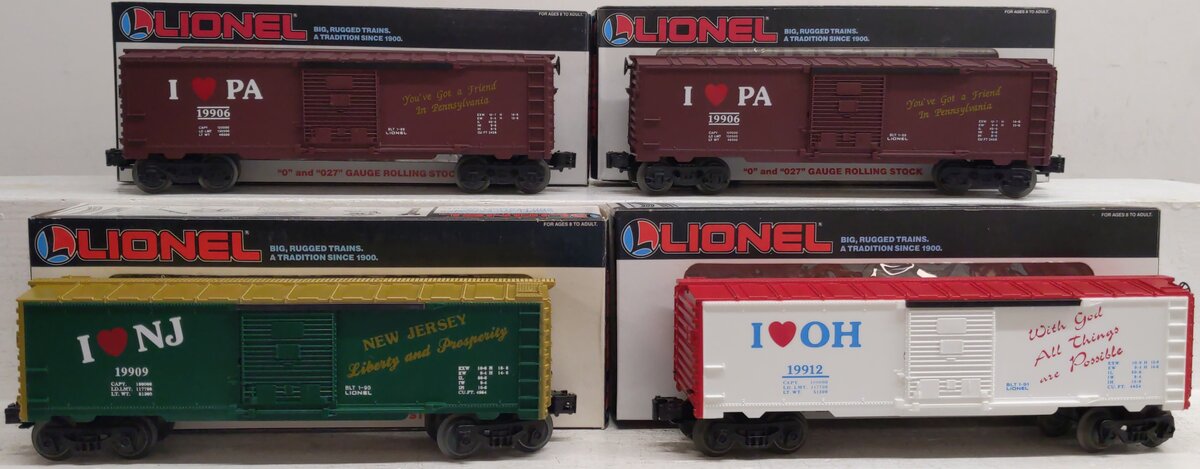 Lionel O Assorted Boxcars: 19909, 19912, 19906 [4] LN/Box