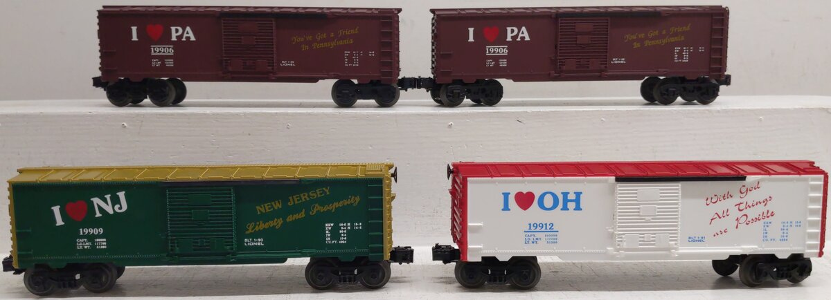 Lionel O Assorted Boxcars: 19909, 19912, 19906 [4] LN/Box