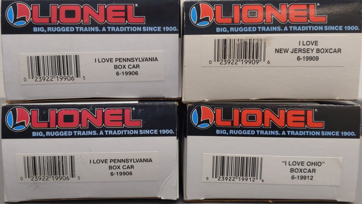 Lionel O Assorted Boxcars: 19909, 19912, 19906 [4] LN/Box