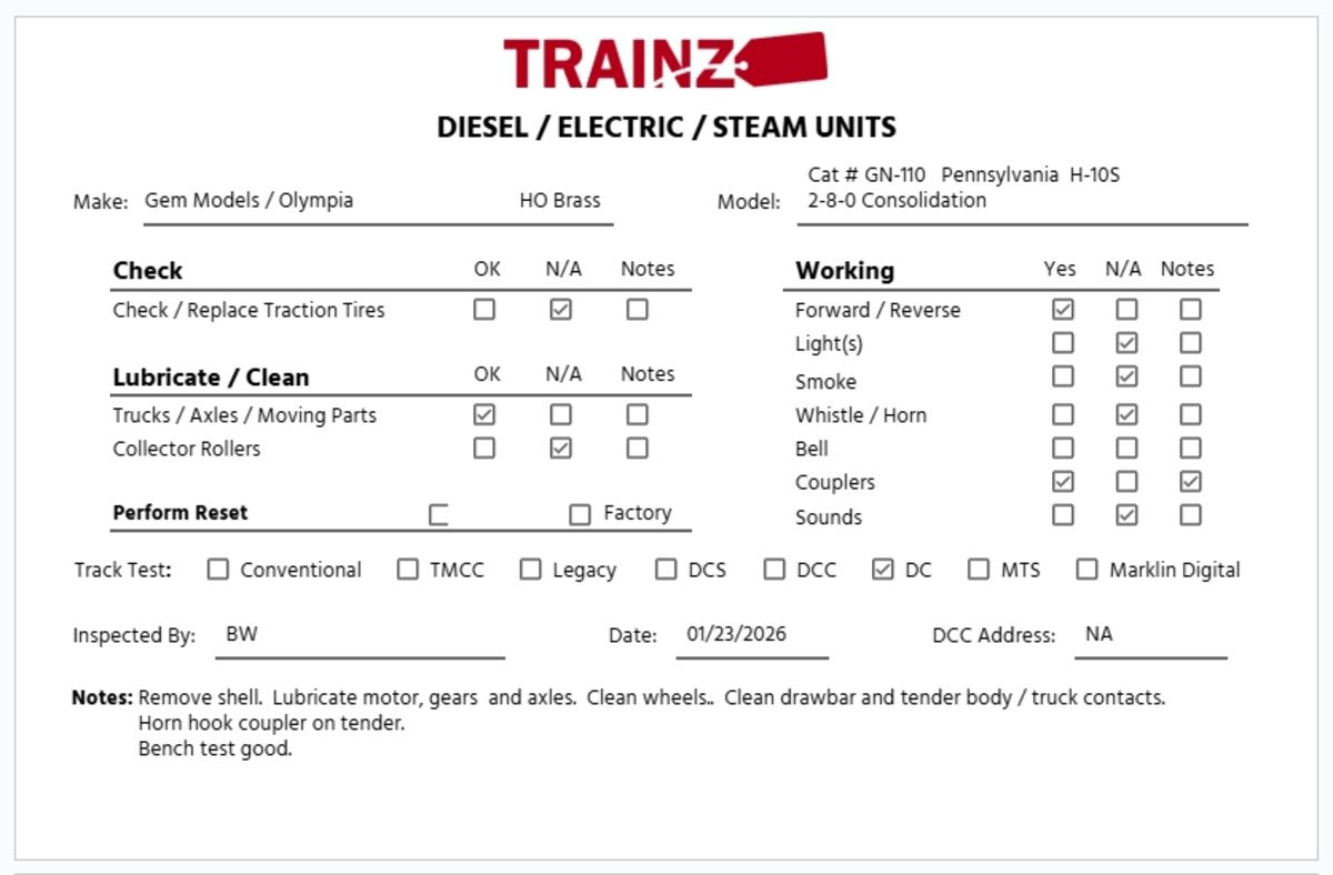 Gem Models/Olympia GN-110 HO BRASS Pennsylvania 2-8-0 H10S Steam Loco & Tender EX