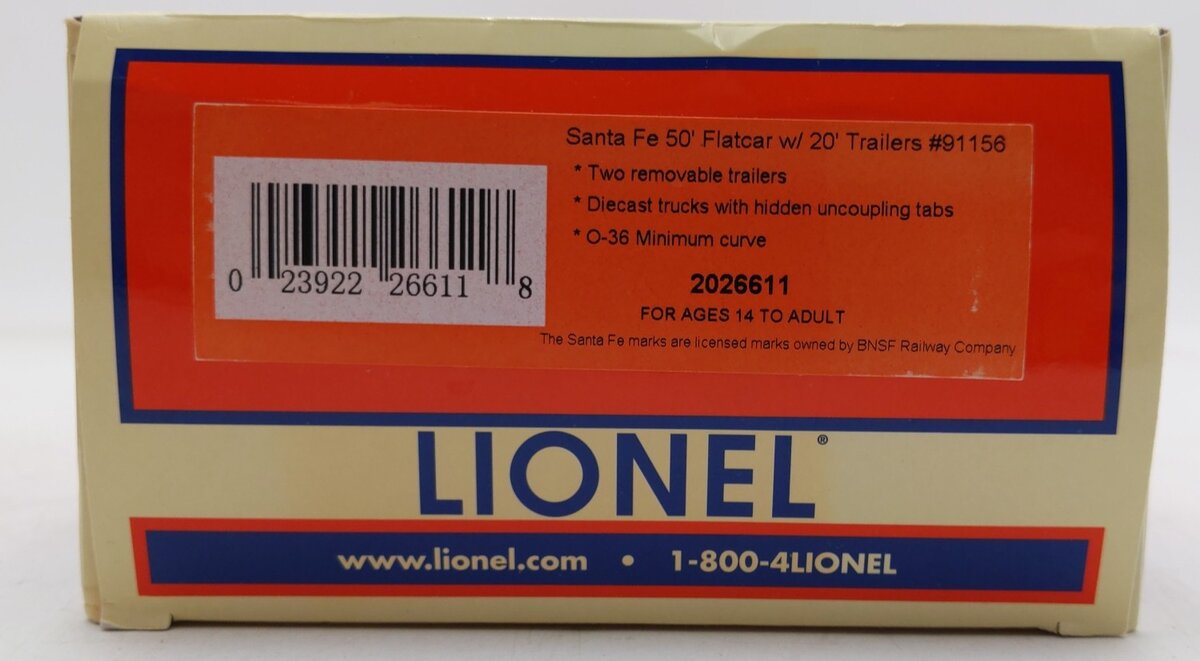 Lionel 2026611 O Santa Fe 50' Flat Car with 20' Trailers #91156
