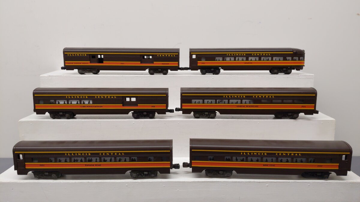 Lionel O Gauge Illinois Central Aluminum Passenger Car Set: 6-7220 - 6-7225 [6] EX/Box