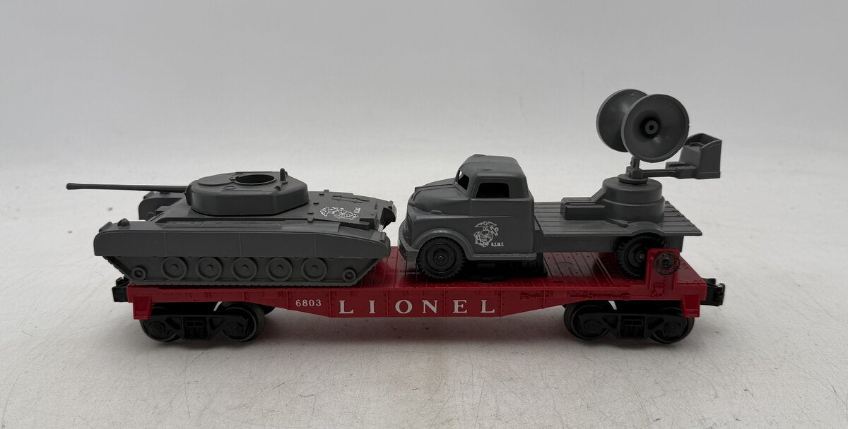 Lionel 6803 Vintage O Flatcar w/ USMC Tank & Sound Truck EX