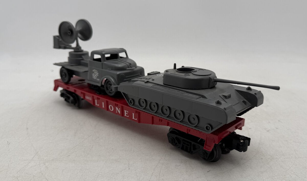 Lionel 6803 Vintage O Flatcar w/ USMC Tank & Sound Truck EX