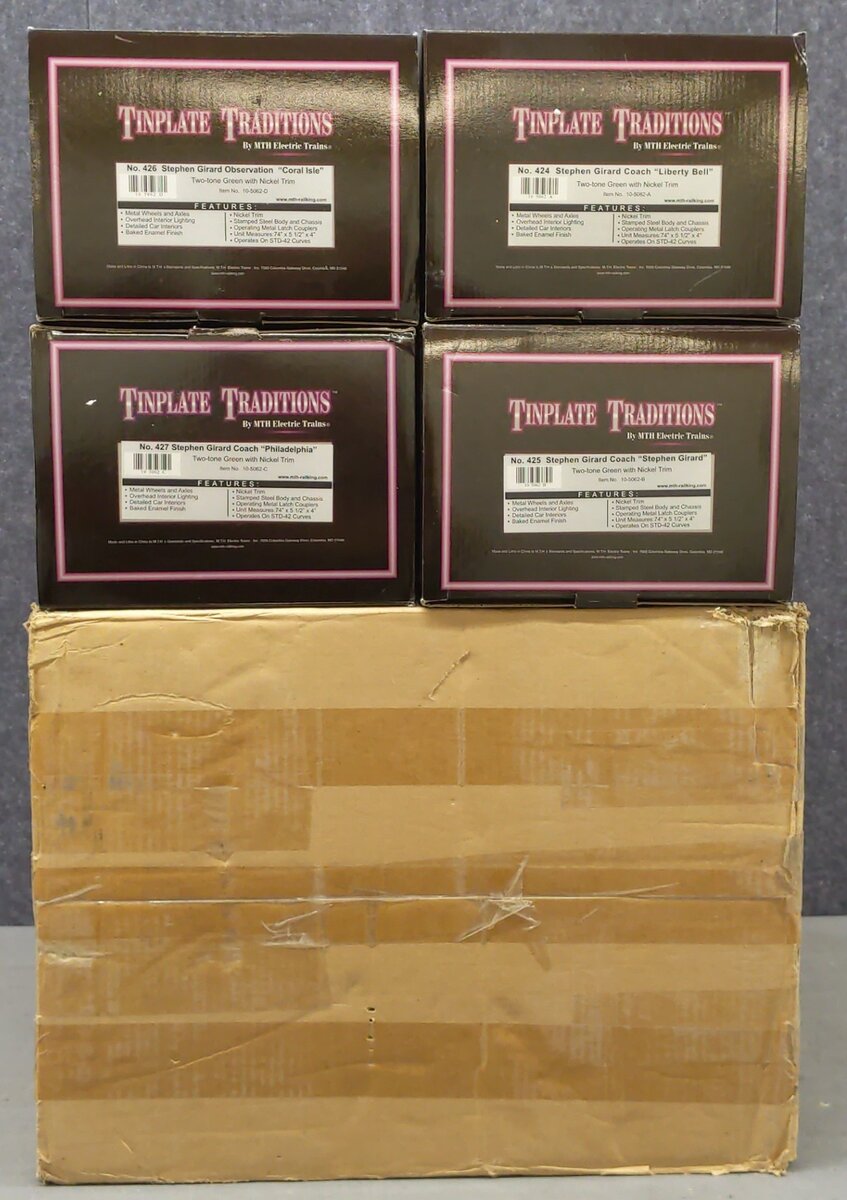 MTH 10-5062 O Two-Tone Green w/Nickel Stephen Girard Passenger Set (Set of 4) VG/Box