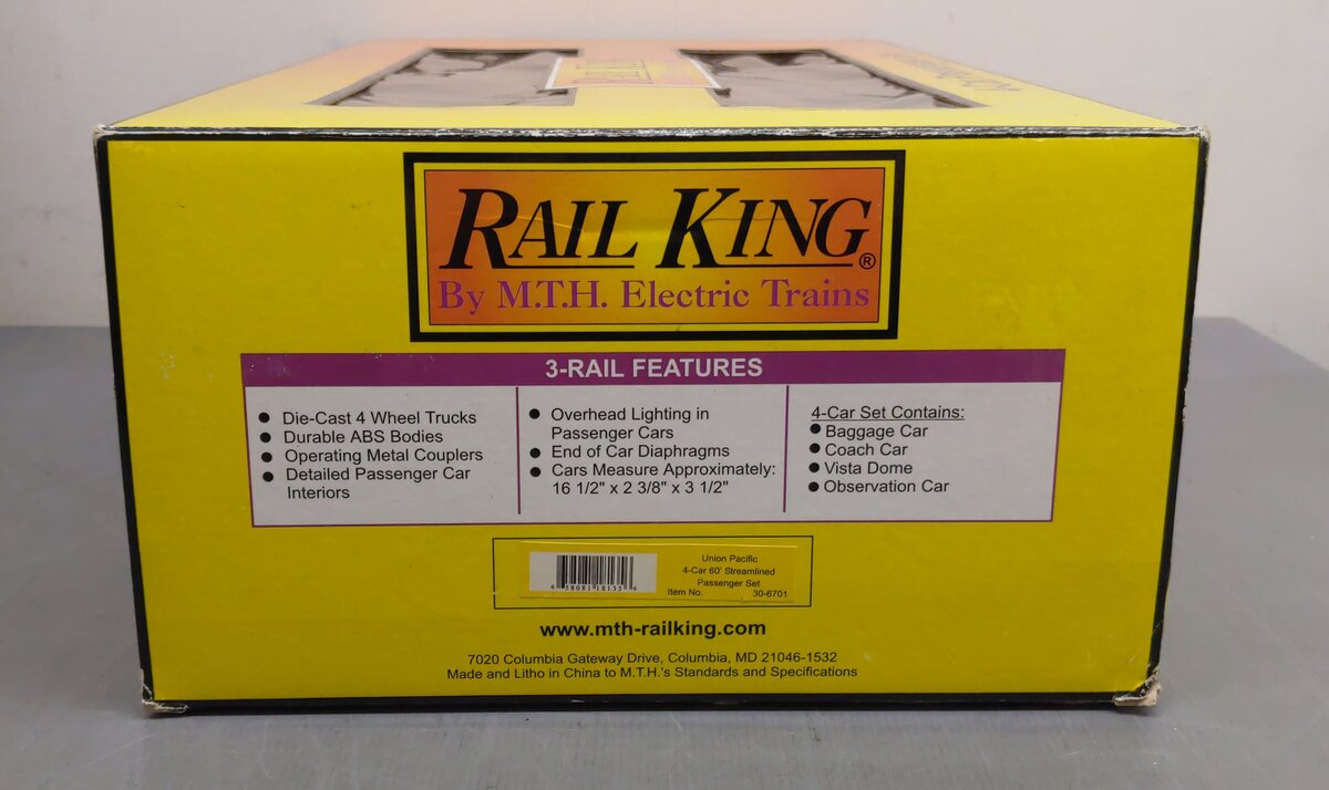 MTH 30-6701 O Union Pacific 60' Streamlined ABS Passenger Set (Set of 4) EX/Box