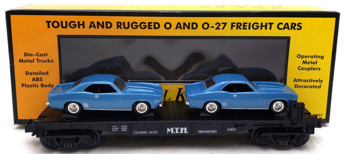 MTH 30-7634 O Gauge MTH Auto Transport Flatcar w/2 Ertl '69 Chevrolet Camaros EX/Box
