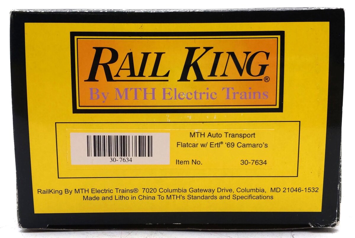 MTH 30-7634 O Gauge MTH Auto Transport Flatcar w/2 Ertl '69 Chevrolet Camaros EX/Box