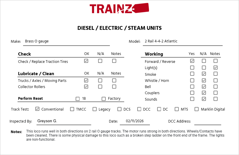 Brass O Gauge 2-Rail 4-4-2 Atlantic Locomotive And Tender VG