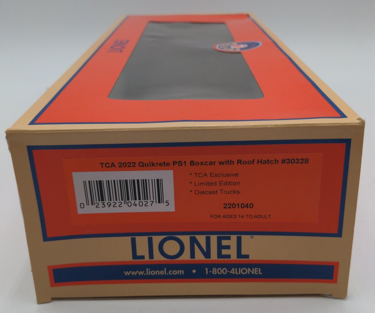 Lionel 2201040 O Gauge 2022 TCA Quikrete PS1 Box Car w/ Roof Hatch #30328 EX/Box