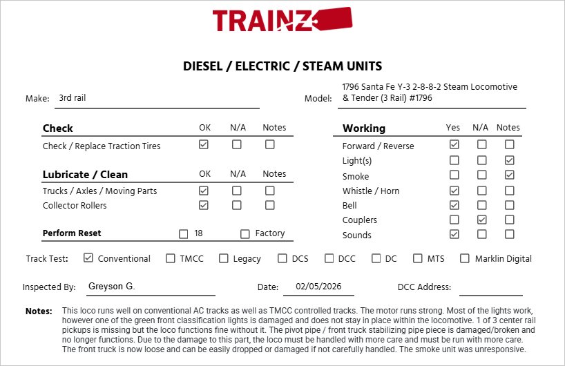 3rd Rail 1796 O Brass Santa Fe Y-3 2-8-8-2 Steam Locomotive & Tender #1796 EX/Box