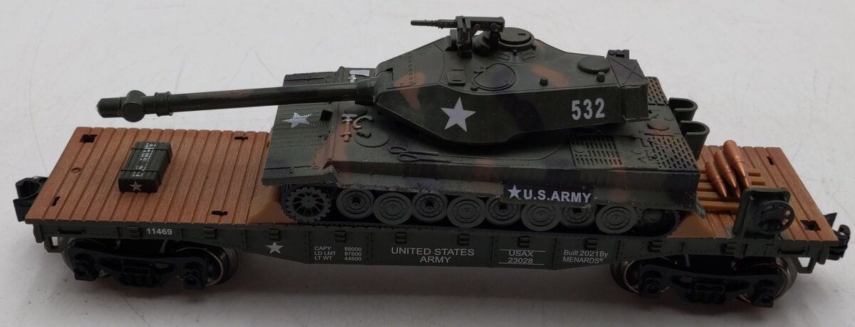Menards 279-0863 O Gauge Army Flatcar and Tank with Lights & Sounds NIB