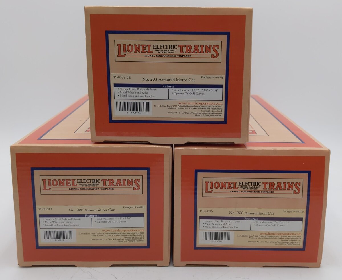 Lionel MTH 11-6029 O Scale Armored Motor Car #203 w/ 2 Ammo Cars #900 Set NIB