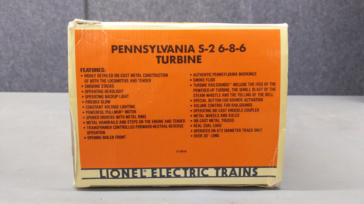 Lionel 6-18010 O PRR 6-8-6 Turbine Steam Locomotive & Tender with RS #6200 EX/Box
