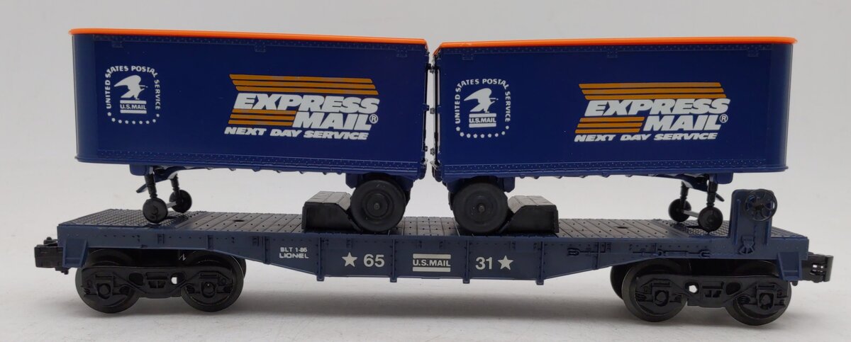 Lionel 6-6531 O Gauge Express Mail Flatcar with Piggyback Trailers EX/Box