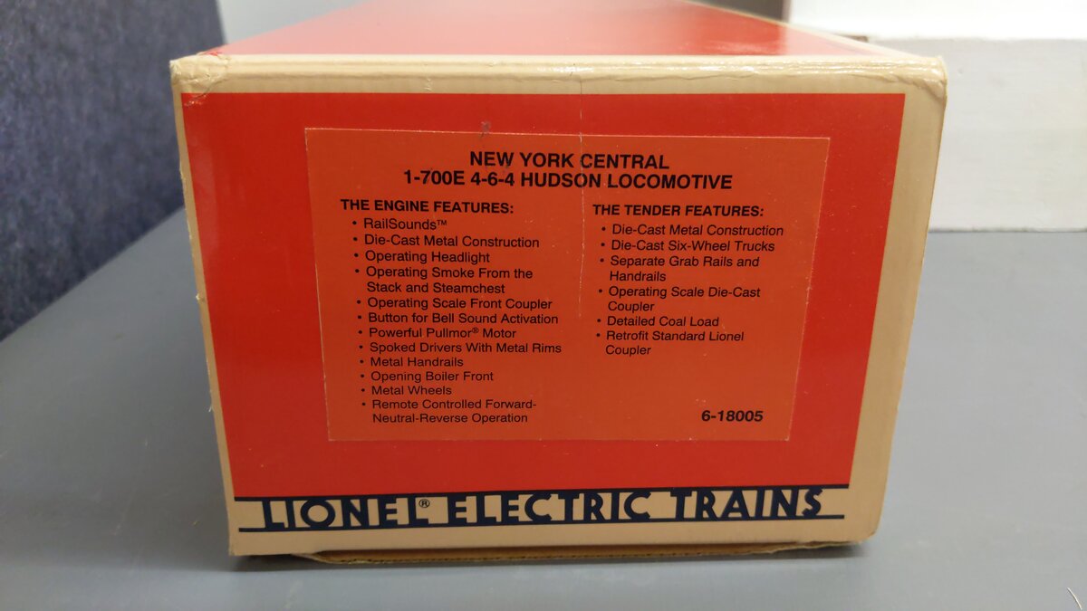 Lionel 6-18005 O Gauge NYC 4-6-4 700E Hudson Steam Loco & Tender #5340 EX/Box