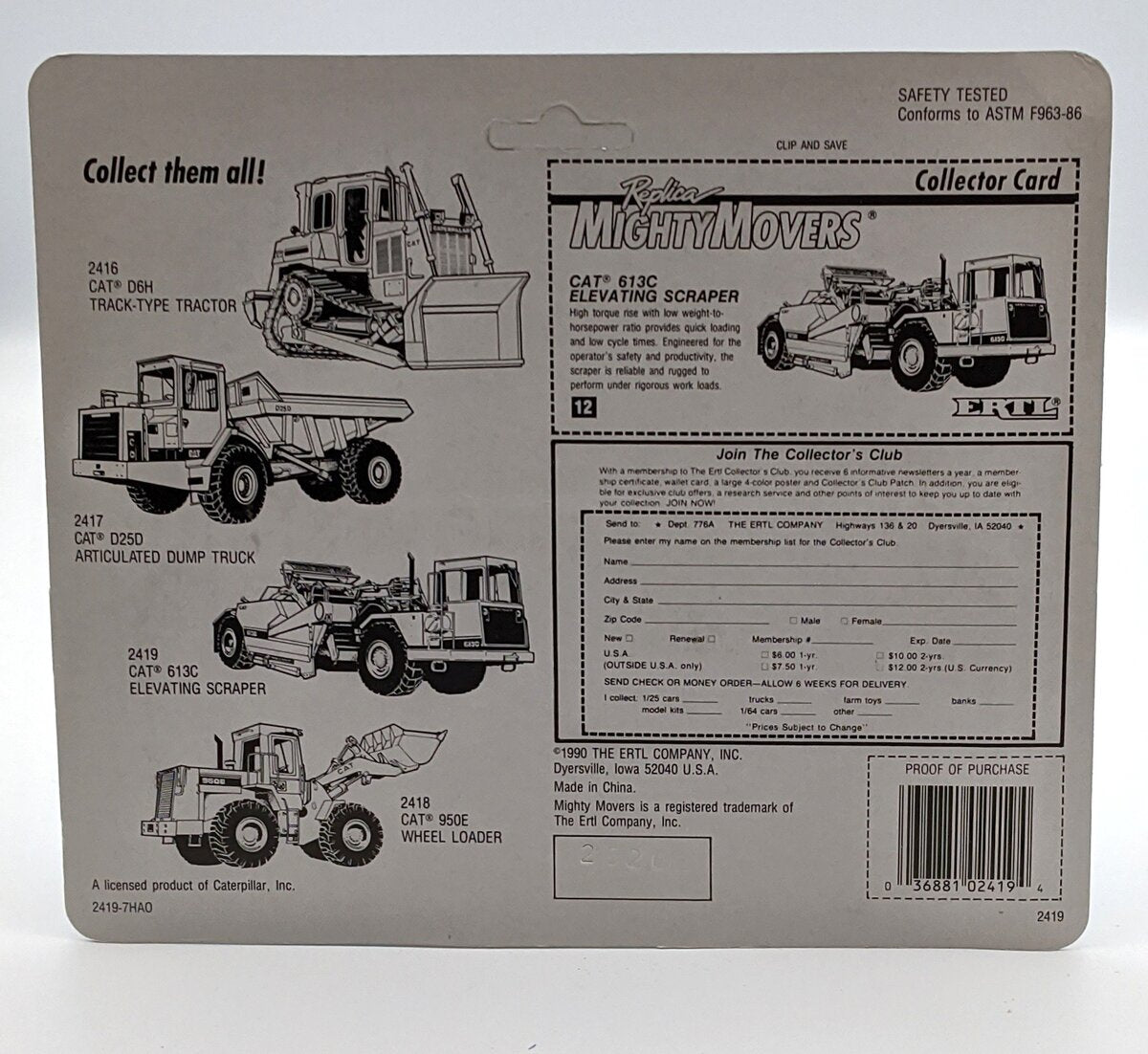 Ertl 2419 1:64 Die-Cast Caterpillar 613C Elevating Scraper Vehicle MT/Box