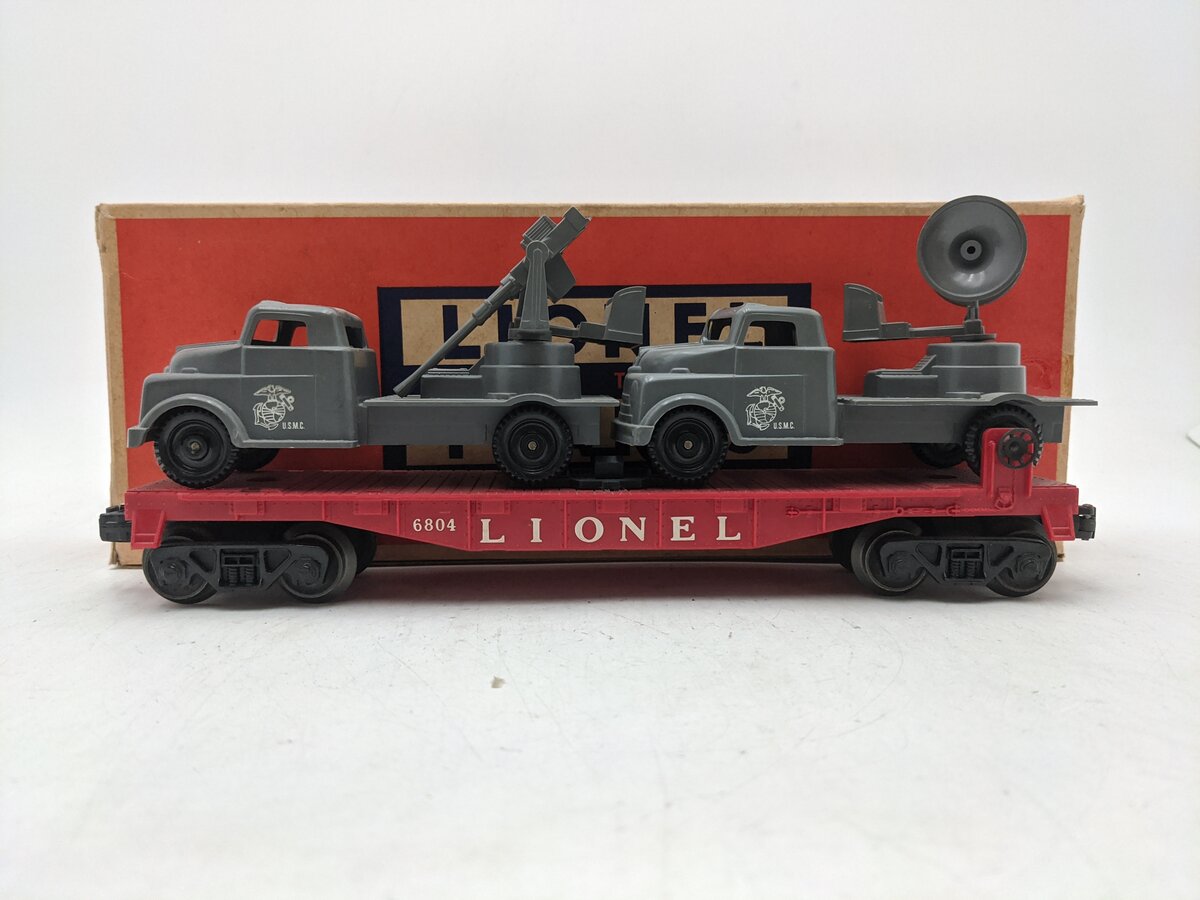 Lionel 6804 Vintage O Flatcar w/ USMC AA Gun Truck & Sound Truck EX/Box
