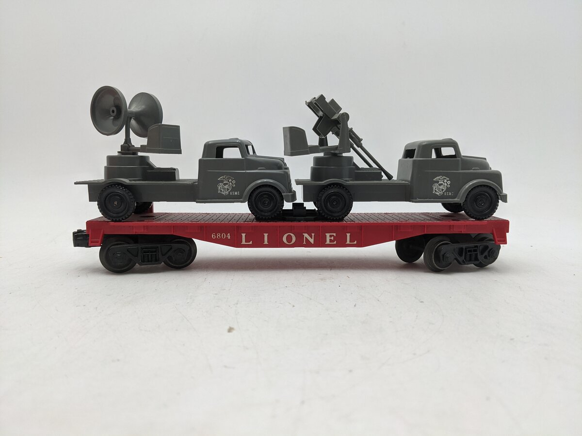 Lionel 6804 Vintage O Flatcar w/ USMC AA Gun Truck & Sound Truck EX/Box