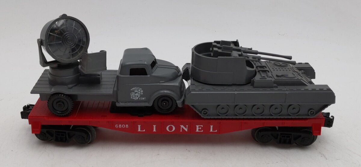 Lionel 6808 Vintage O Flatcar w/ PYRO Searchlight Car & M19 Gun Motor Carriage VG/Box