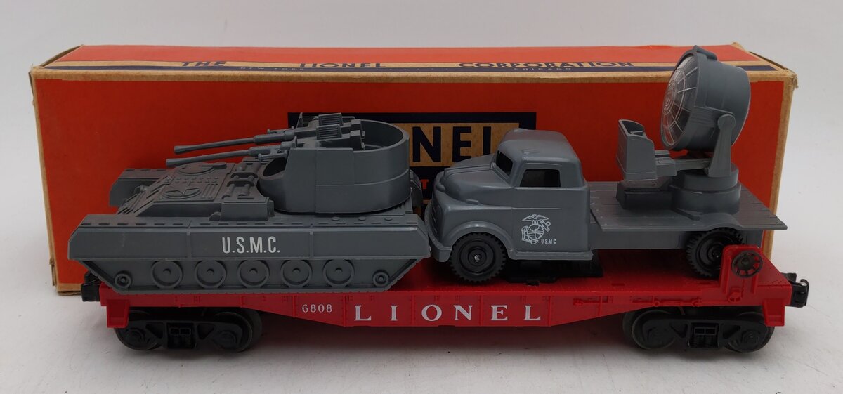 Lionel 6808 Vintage O Flatcar w/ PYRO Searchlight Car & M19 Gun Motor Carriage VG/Box