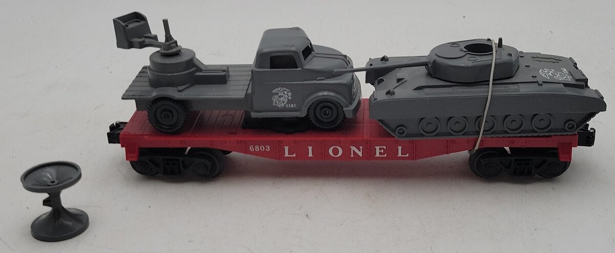 Lionel 6803 Vintage O Flatcar w/ USMC Tank & Sound Truck VG