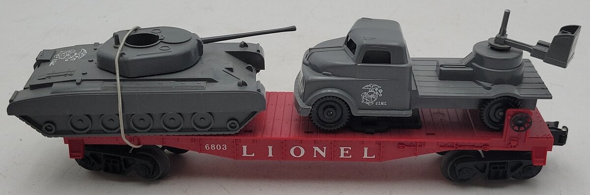 Lionel 6803 Vintage O Flatcar w/ USMC Tank & Sound Truck VG