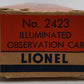 Lionel 2423 Vintage O Lionel Lines Hillside Lighted Observation Car w Gray Roof VG/Box
