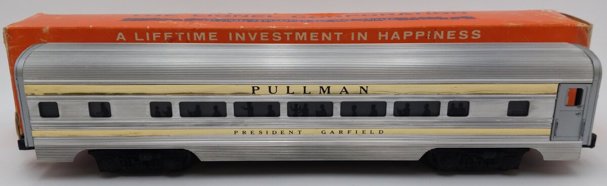 Lionel 2523 Vintage O President Garfield Gold Stripe Aluminum Pullman Car VG/Box