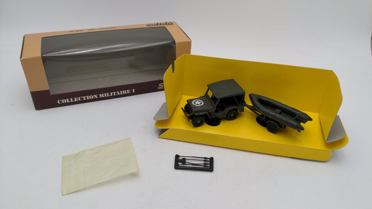 Solido 6041 1:43 Scale Jeep Zodiac Willy Army Jeep W/Trailer & Zodiac Motor Boat LN/Box