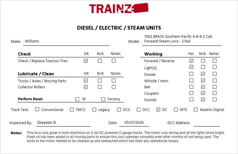 Williams 7002 BRASS Southern Pacific 4-8-8-2 Cab Forward Steam Loco - 2 Rail EX