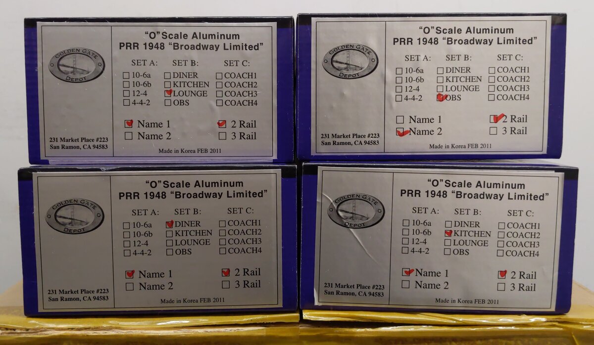 Golden Gate Depot O Scale PRR 1948 "Broadway Limited" 4Car Set (Set B) - 2 Rail NIB
