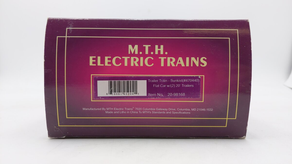 MTH 20-98168 Trailer Train Flat Car with (2) Sunkist 20‘ Trailers #470440 LN/Box