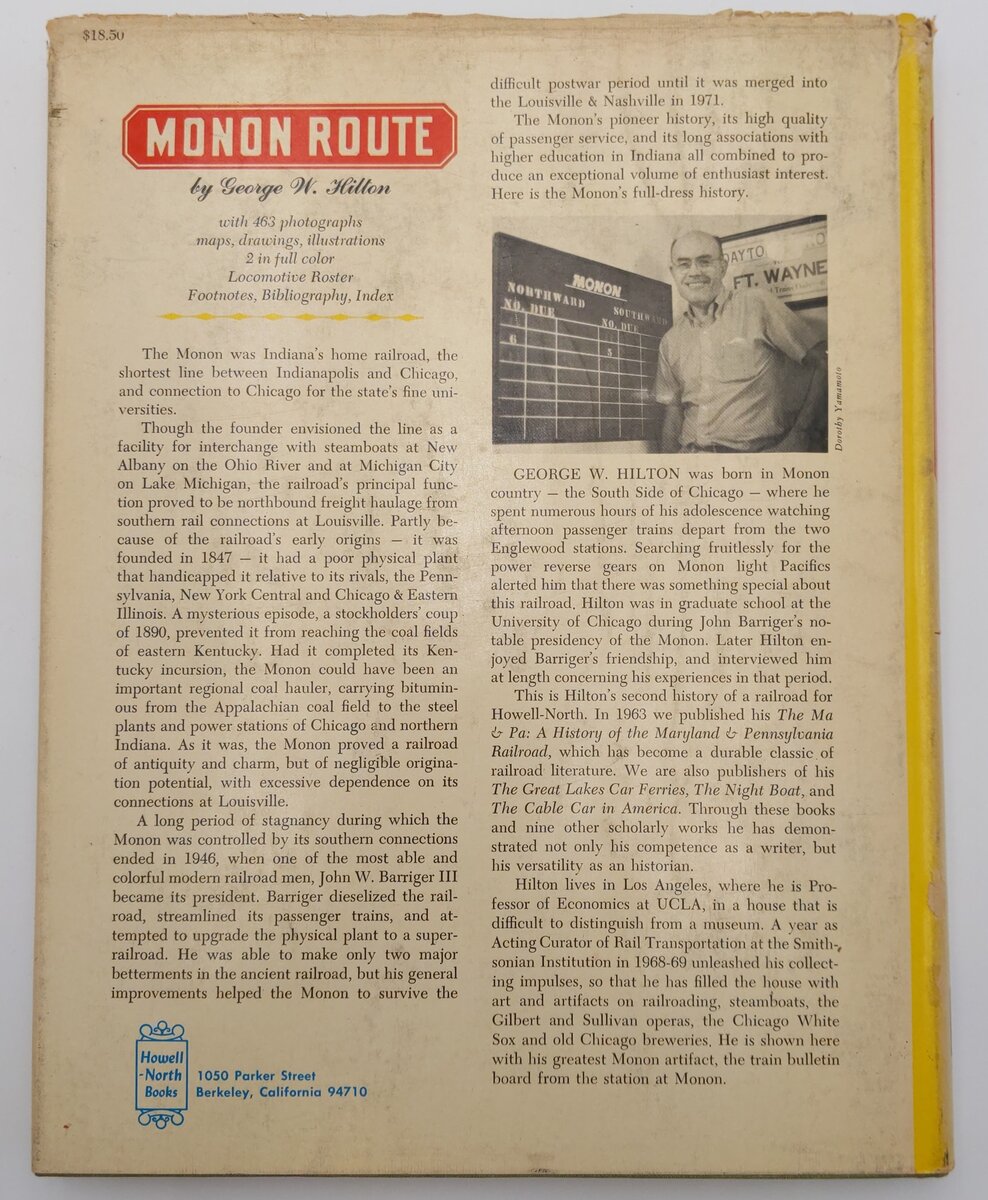 Monon Route Hardcover Book By George W. Hilton VG
