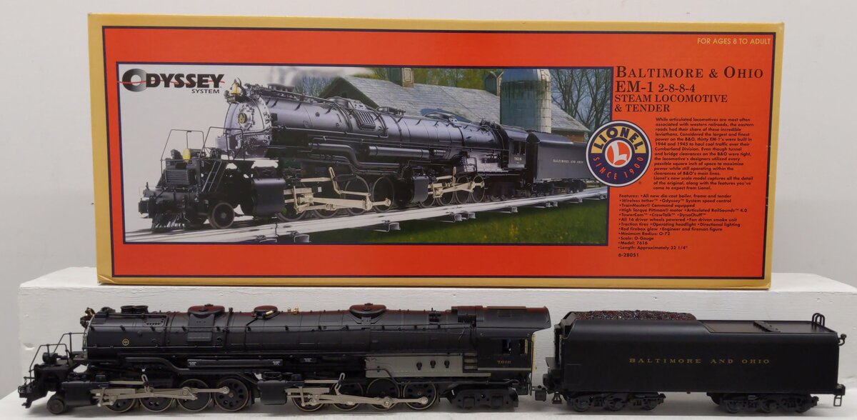 Lionel 6-28051 O Gauge B&O EM-1 2-8-8-4 Steam Locomotive & Tender #7616 EX/Box